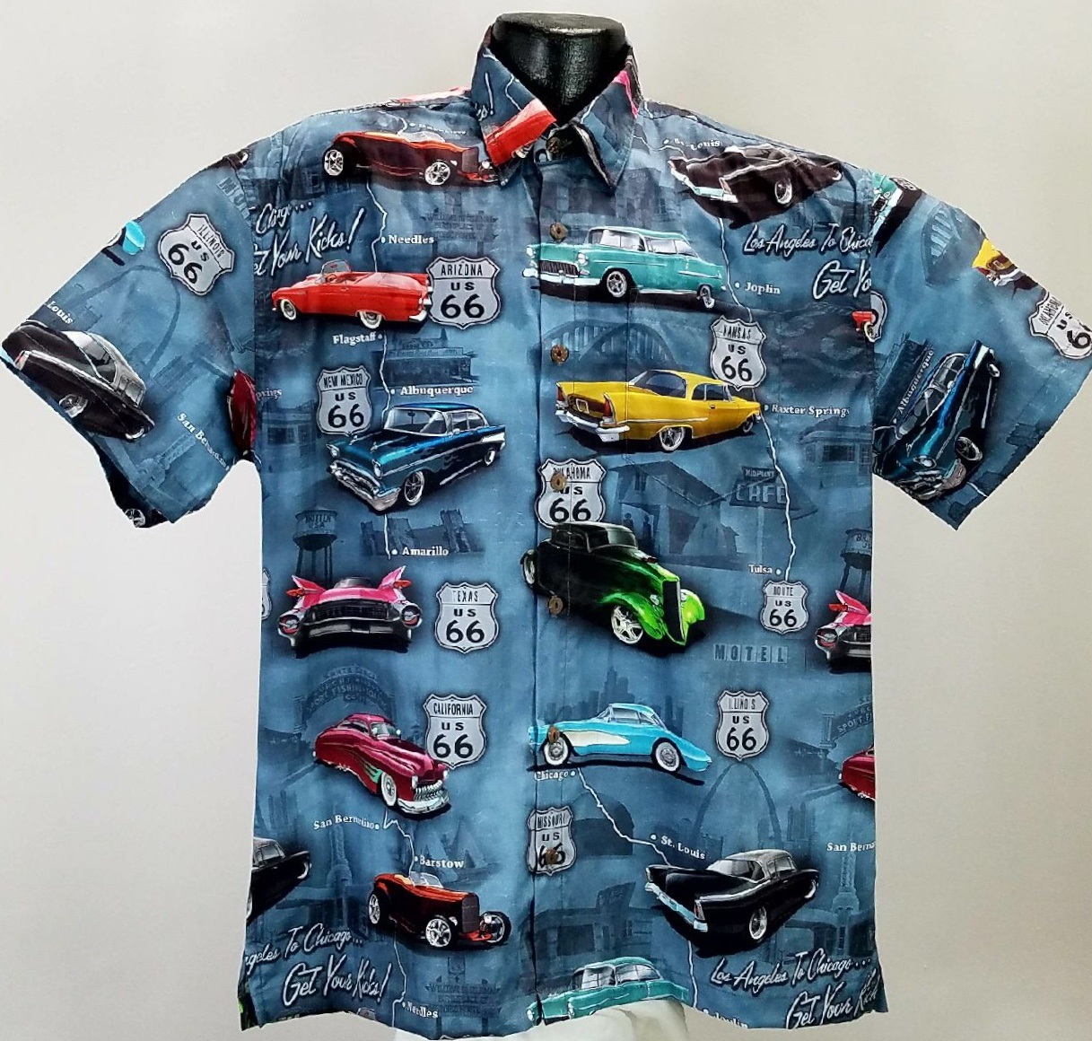Route 66 Classic Car Hawaiian Shirt Made in USA 100 Cotton